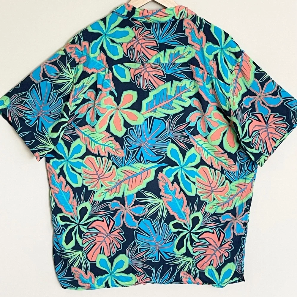 Party Pants Neon Palm Leaf Tropical Hawaiian Button Down Shirt Men’s size Large